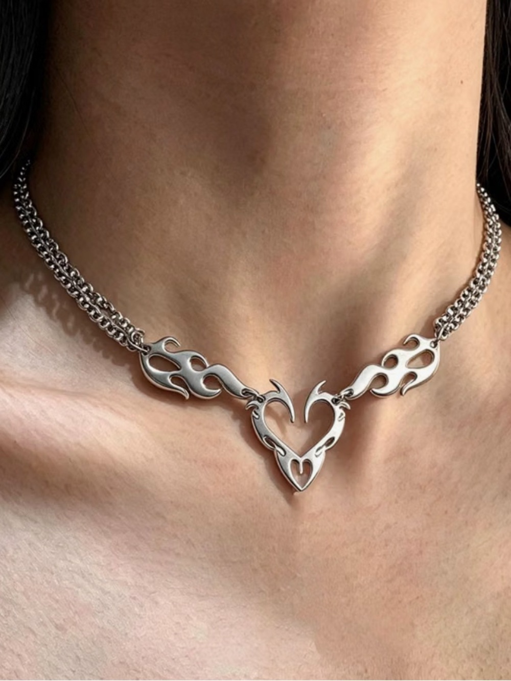 Silver Flame Heart Y2K Chain Necklace